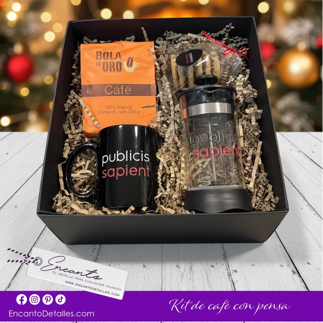 Kit ejecutivo con café, taza y prensa francesa personalizadas con logo de empresa
