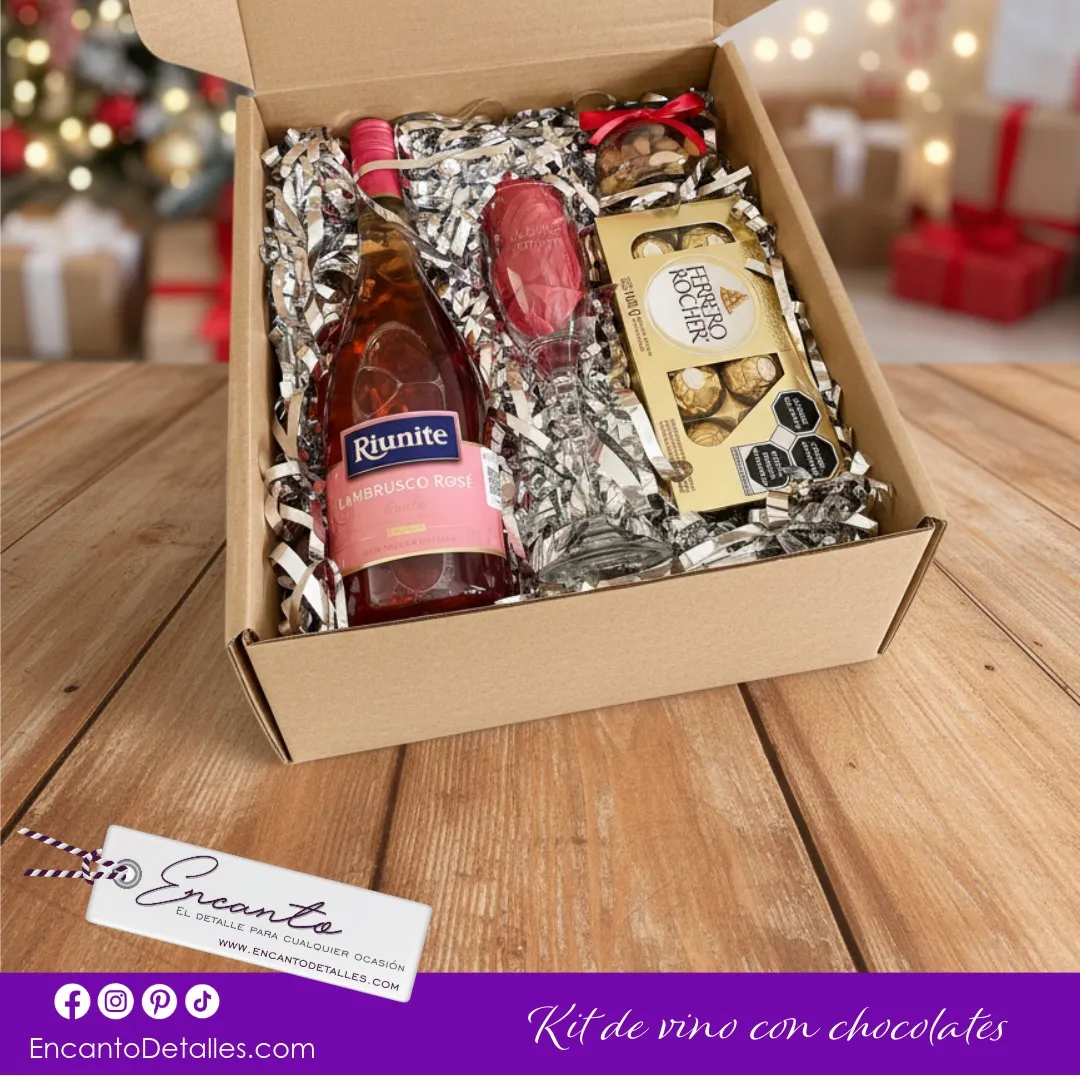 Kit gourmet con vino rosado, copa y chocolates en caja kraft